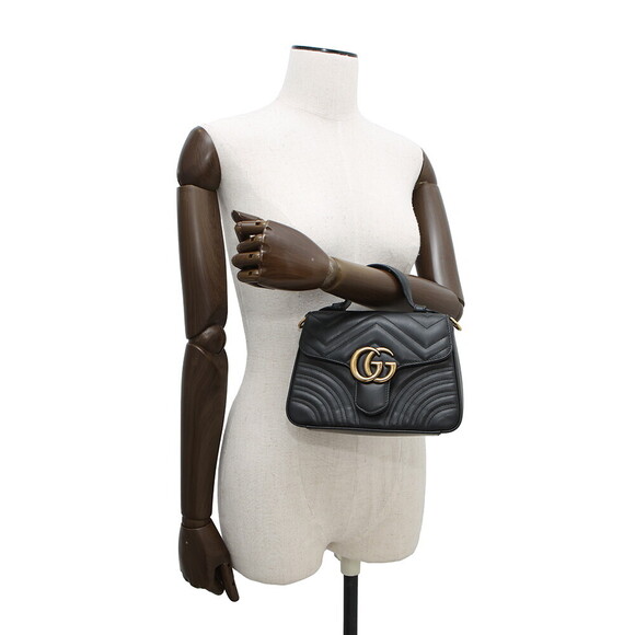 Gucci GG Marmont Top Handle Bag Chevron Chain Shoulder Bag Black - Picture 4 of 7